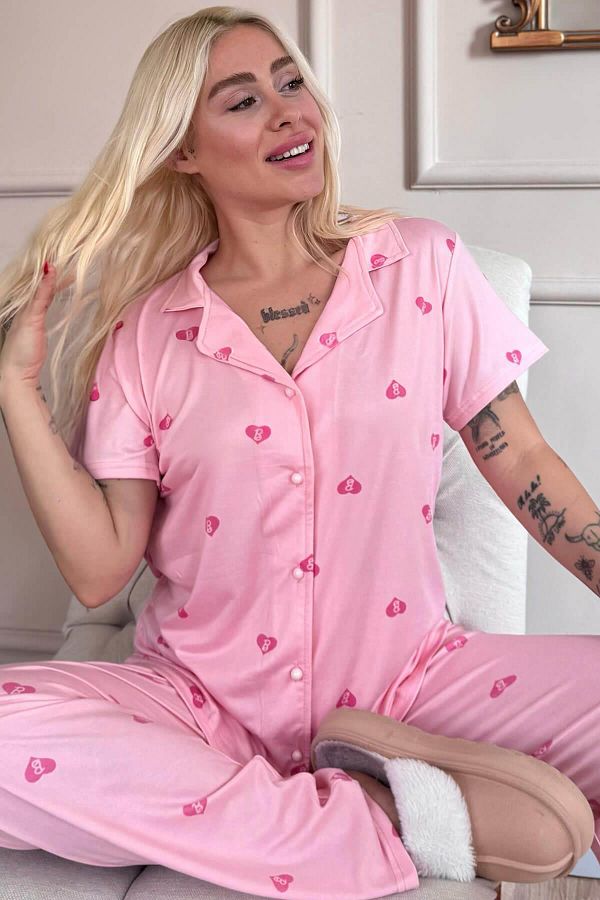 Pijamaevi-Pink B Patterned Bamboo Front Buttoned Short Sleeve Pajama Set 1
