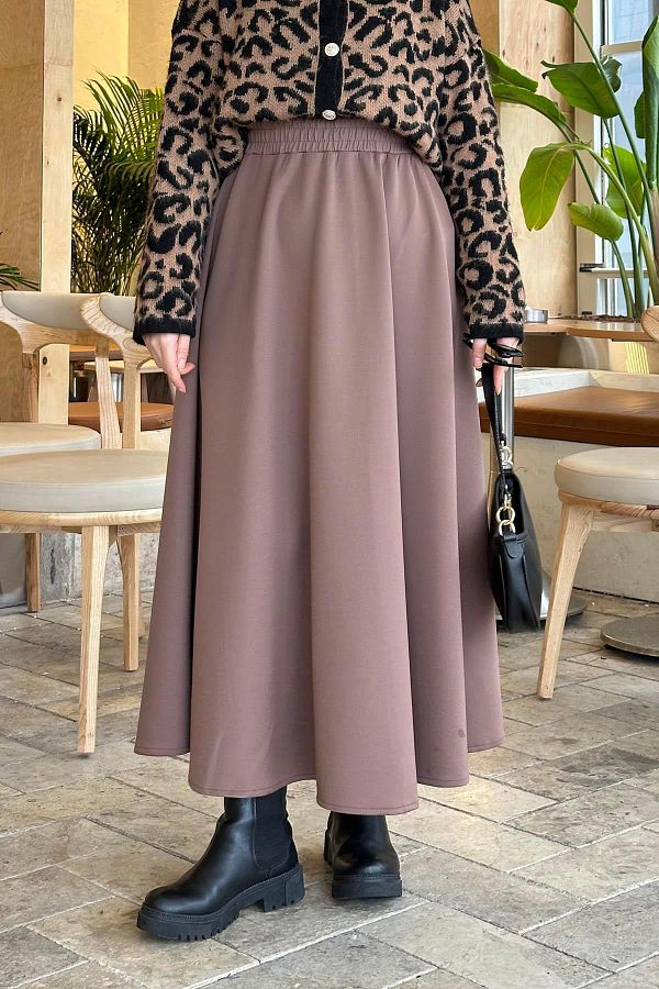 lamelif.com-Flared Skirt - Scuba Fabric and Soft Brown 1