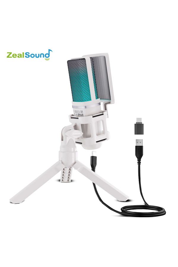 Choice-white Zealsound USB Condenser Recording Microphone White RGB Streaming Mic For PC And Mac with Andro 1
