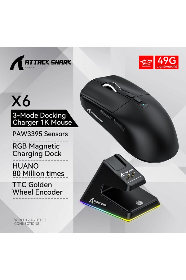 Choice-Black Attack Shark X6 PAW3395 Bluetooth Mouse,Tri-Mode Connection,RGB Touch Magnetic Charging Base,M 1