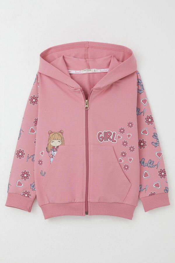 Breeze Kız Çocuk Hırka Sevimli Kız Baskılı Kolları Çiçek & Kalp Desenli 1-4 Yaş, Gülkurusu