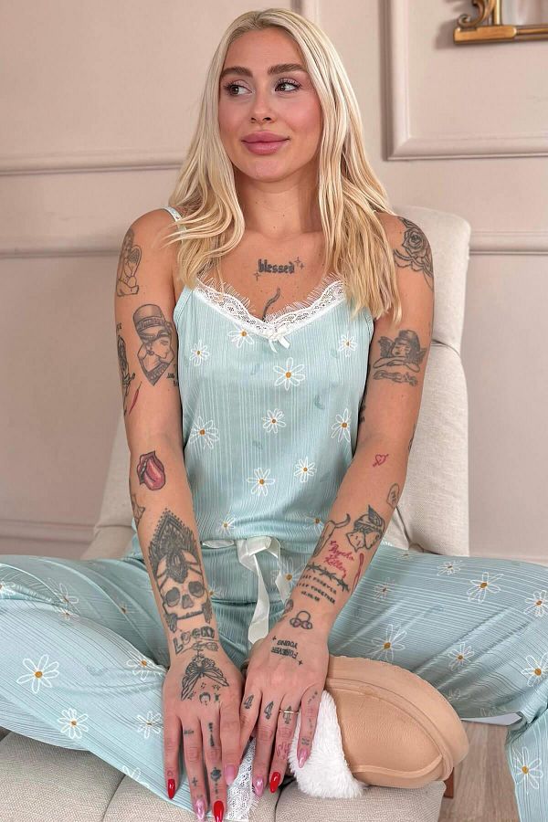 Pijamaevi-Mint Daisy Lace Rope Strap Knitted Women's Pajama Set 1
