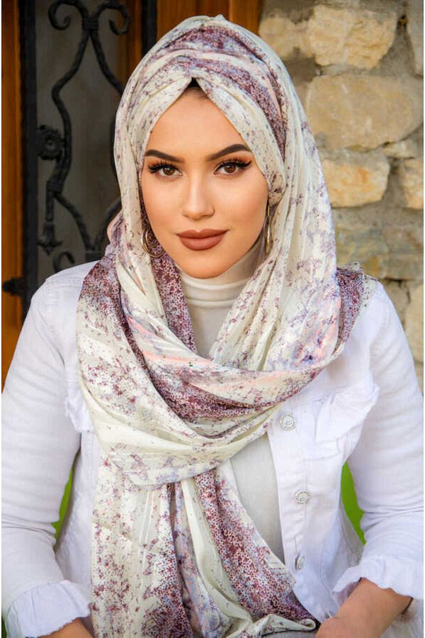 Aişe tesettür-Plum Ecru Patterned Ready Made Chiffon Shawl 1