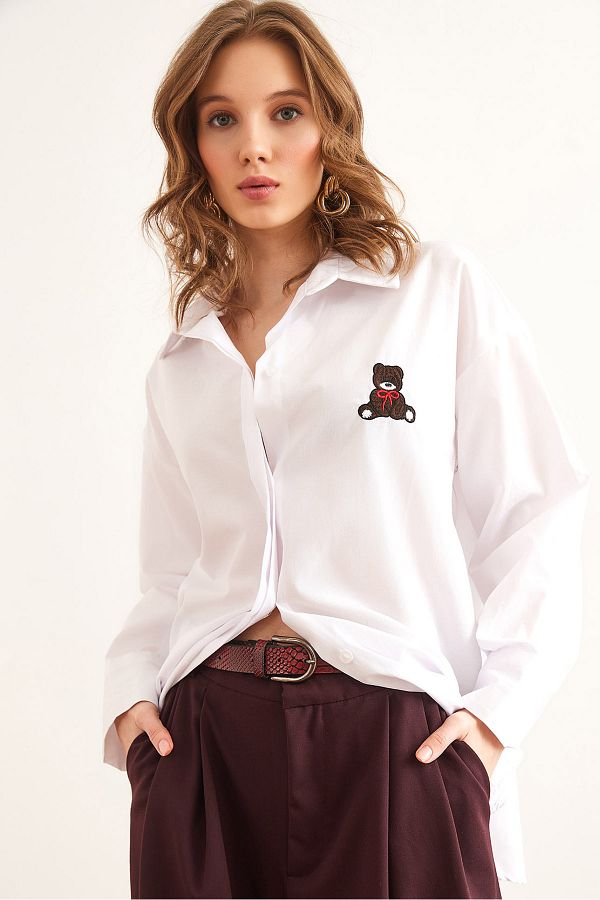 Olalook-Women's White Teddy Bear Hidden Placket Embroidery Detailed Oversize Shirt Gml- 19001295 1