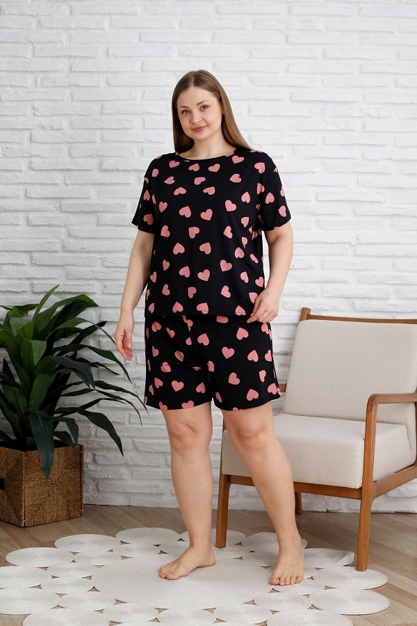 Trendyol Curve-Black Heart Pattern Soft Button Milan Knitted Pajamas Set Tbbss25Ai00060 1
