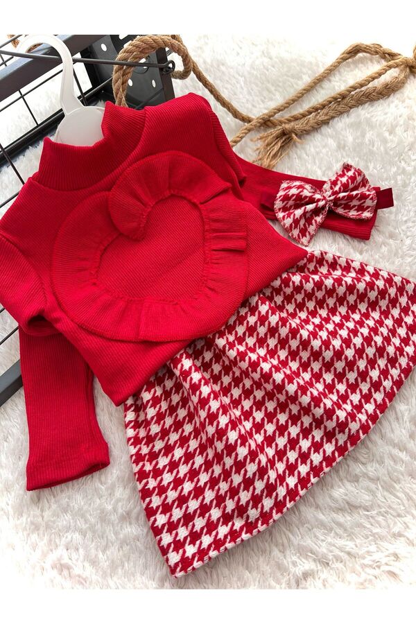 BAHNUR BEBEK ÇOCUK KIRMIZI KAZAYAĞI ETEK BLUZ VE BANDANA SETİ TAKIMI ALT ÜST TAKIM