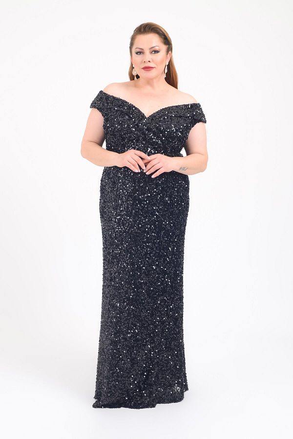 LİLAS XXL-Black Sequined Long Plus Size Evening Dress 1