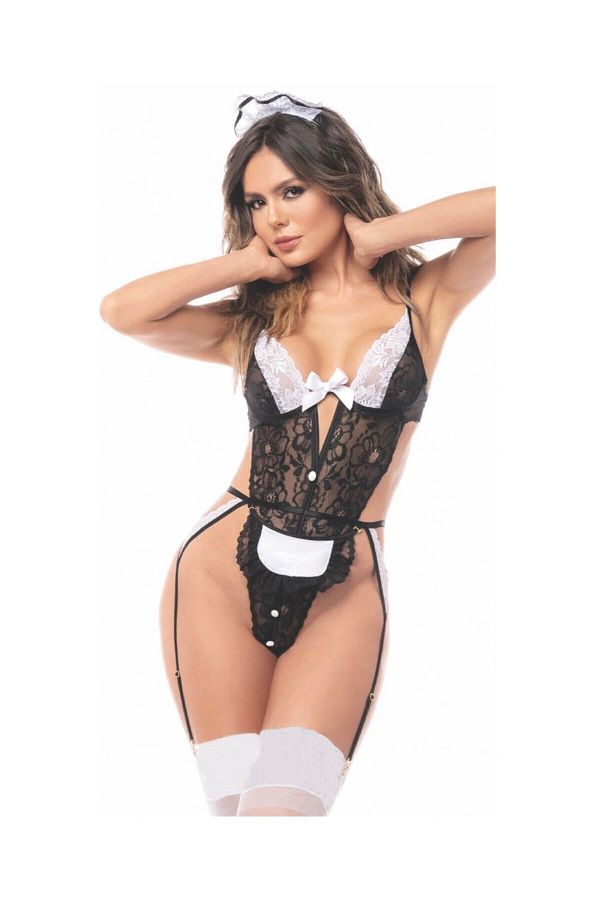 İntive Lingerie-Women's Black/White Lace Bodysuit with Garter (Buckle and Socks)-8473 1