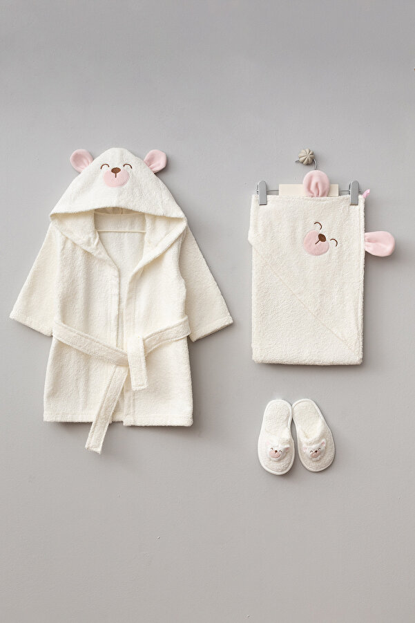 Bebitof Sevimli Köpek Figürlü Pamuk Bebek Bornoz Seti 0-2 Yaş Kutulu