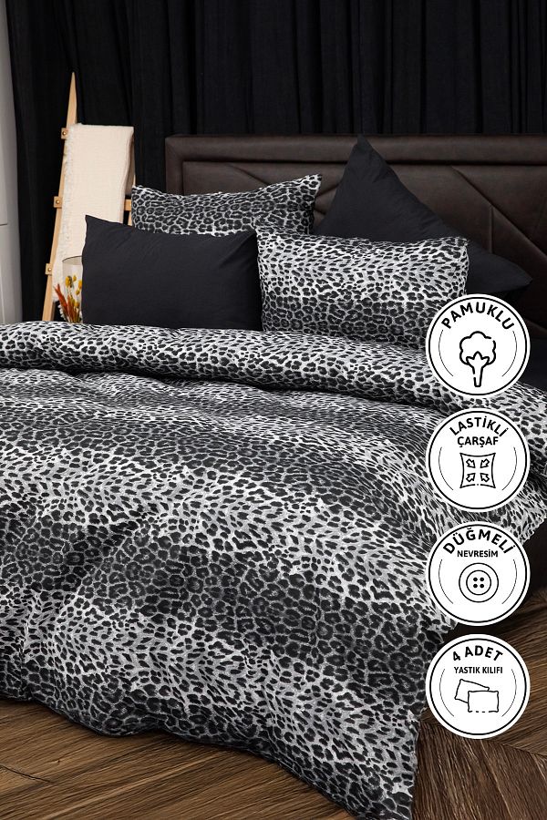 FAVORA-Black Leopard Patterned Double Duvet Cover Set with Elastic Sheets 1