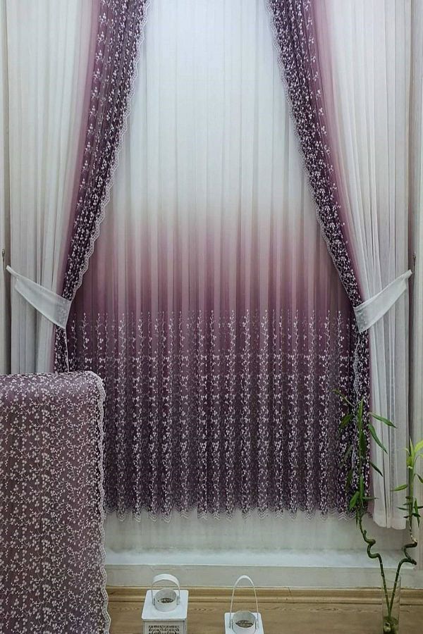 farbateks-Plum Color Right Left Wing Background And Inner Tulle Set Combination Daisy Gradient Tulle Curtain 1