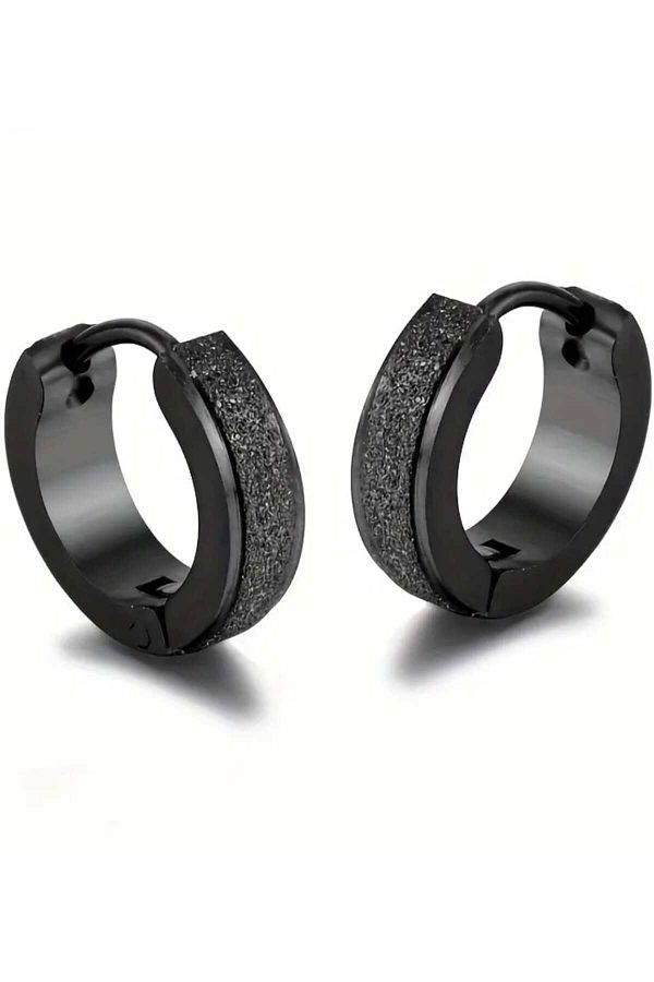 sarıyer silver-Plain Black Silvery Striped Steel Hoop Earrings 1