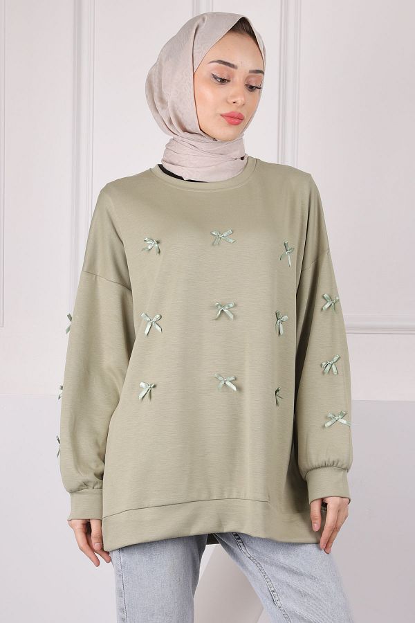 İmajButik-Χακί Κορδέλα Λεπτομερής Modal Sweat 1