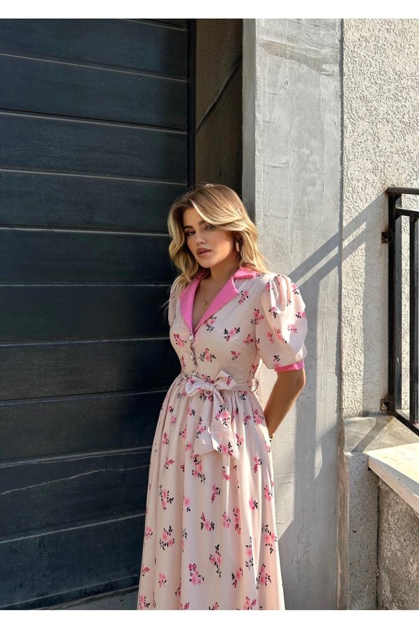 Afiş Butik Pink Floral Print Belted Balloon Sleeve Dress