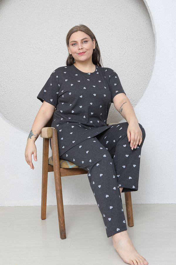 FAMES PİJAMA-Plus Size Gray Small Heart Patterned Pajama Set 1