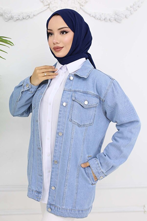 Mix And Match Jaket Jeans Hijab Benguen Blue Hijab Denim Jacket Model 704-  Trendyol