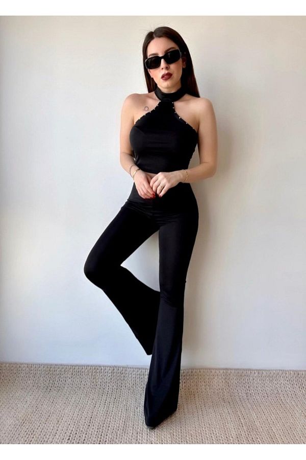 JANES-Women's Micro Fabric Stone Detailed Blouse & Flared Leg Pants Double Set 1