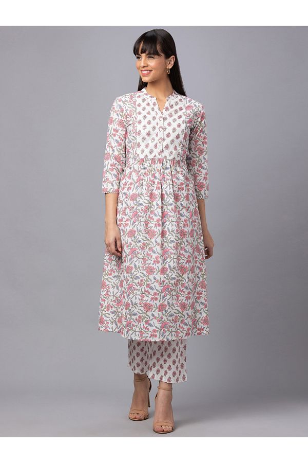 Globus By Styli-Mandarin Collar Printed Kurta with Trousers Set 1