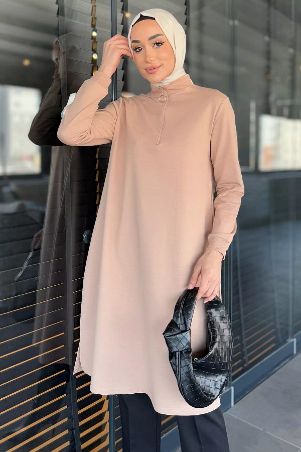 julude-Beige Women's Stand Collar Half Zipper Hijab Tunic 1