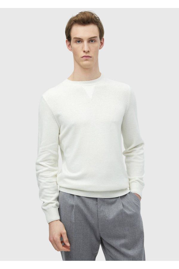 Ramsey-Ecru Crew Neck Plain Knitted Wool Blended Knitwear 1