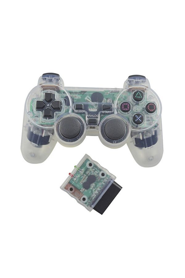 KEKEGAME-Transparent White Wireless Controller 2.4G Gamepad Dual Vibration Joystick for PS2 Console Joypad US 1