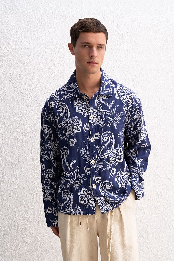 GIESTO-Patterned Thin Navy Blue Jacket 1