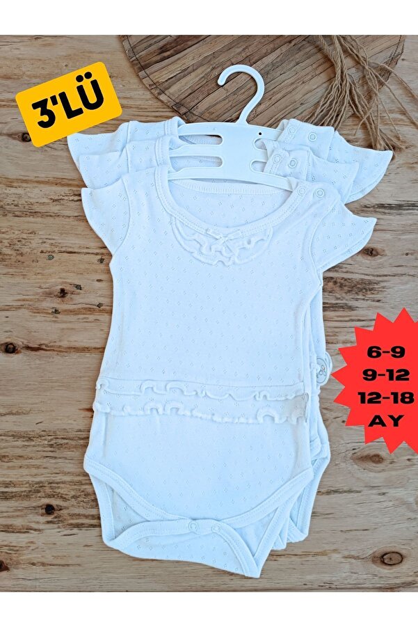 Tomuycuk Ekru 3'lü Kısa Kollu Kız Bebek Body %100 Pamuklu Çıtçıtlı Zıbın Atlet Yenidoğan 6-9/9-12/12-18ay