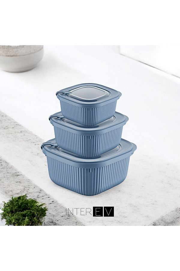 INTEREV-Set of 3 (600-1100-1800ml) Microwave and Diffuse Suitable Special Lid Storage Container Set Blue 1