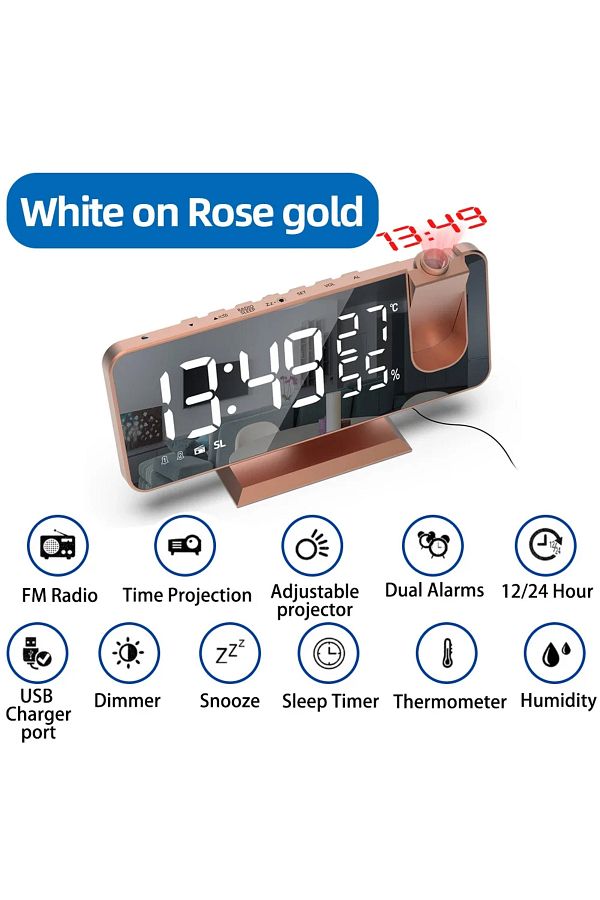 Choice-White on Rose gold LED Digital Projection Alarm Clocks USB Electronic Ceiling Projector Alarm Clock 1