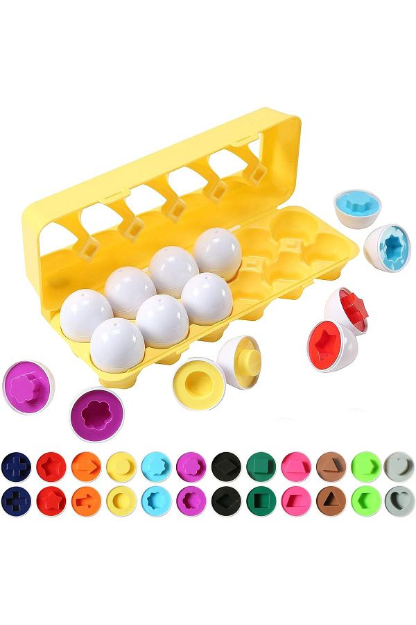 AWH-Fun Egg Matching Toy, 12-Pack STEM Easter Eggs, Shape & Color Sorting Puzzle for Toddlers 1