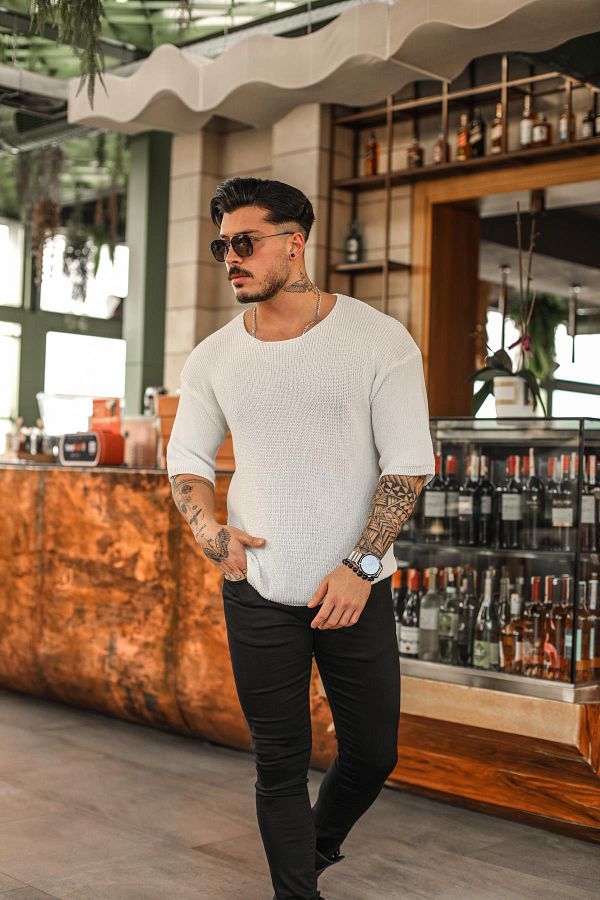 OUTFİT MAN-Men's Oversize Braided Fakir Sleeve T-shirt White 1