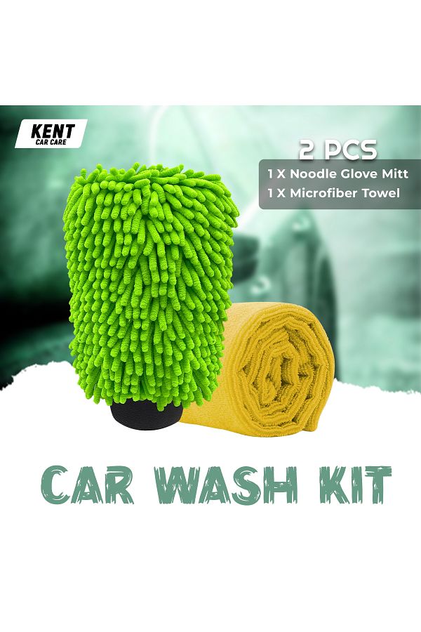 KENT-Car Care Microfibre Wash & Dry Pack – Noodle Glove Mitt Green & Drying Towel for Car Cleaning 1