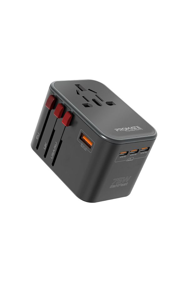 Promate-Travel Adapter, Universal Gan Charge Adapter With 1840w Ac Socket, 75w Three Usb-c Power Del 1