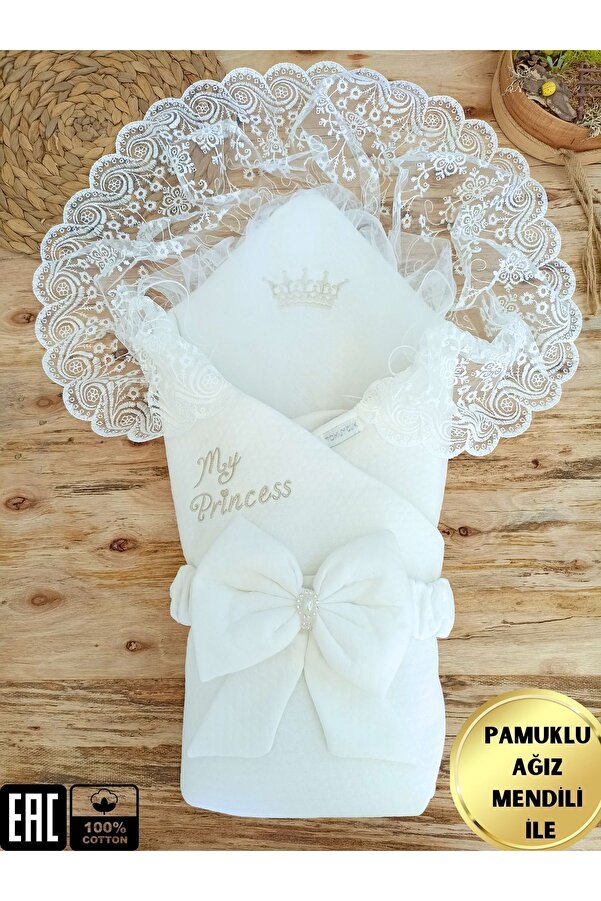 Tomuycuk Kız Bebek Kundağı & Battaniyesi - Ekru & Dantelli Hastane Çıkışı & Mevlütlük - %100 Pamuklu
