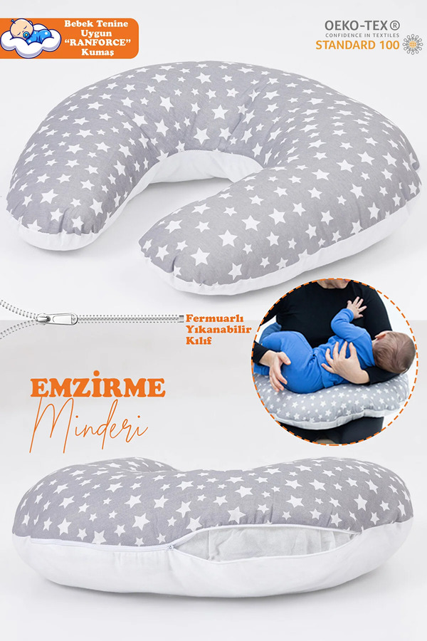 BabyModa Çift Taraflı Bebek Emzirme Yastığı, Destek Minderi, Hamile Yastığı Gri Kumaş
