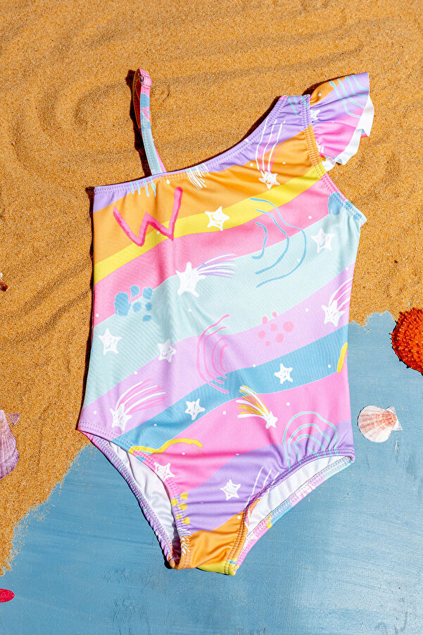 Beniizle Yıldız Desenli Tek Omuzlu Kız Çocuk Mayo