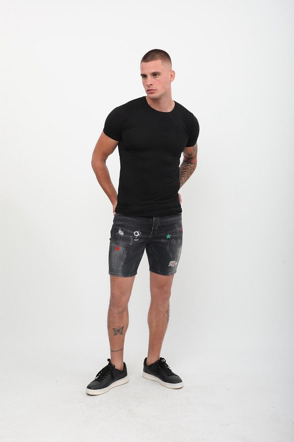 Bluewhite-Men's Print Patterned Jean Shorts Anthracite 1
