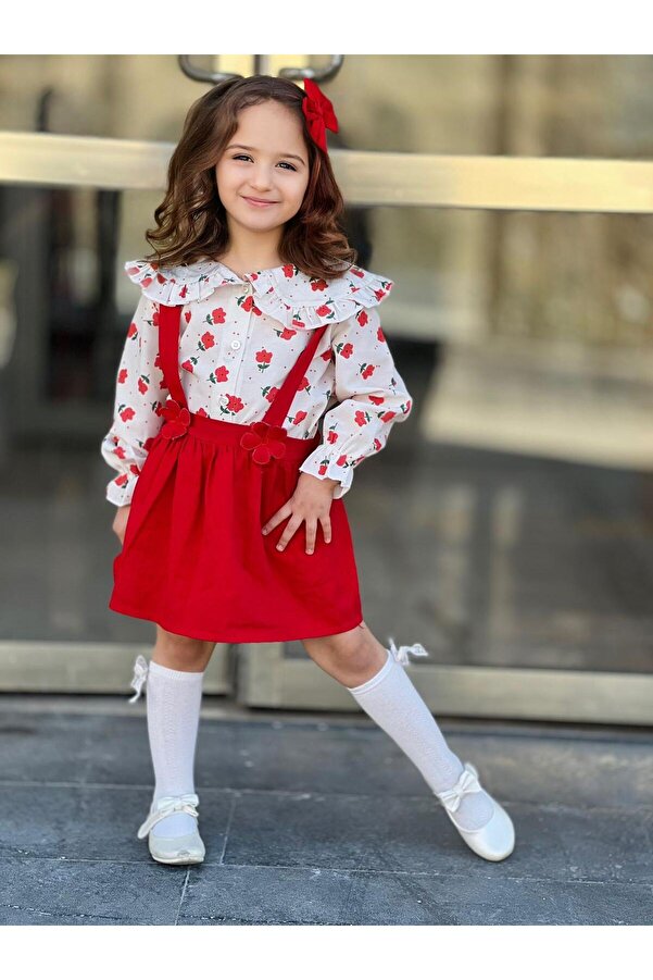 Trend Bebe Butik Kız Çocuk 2’li Takım Askılı Kırmızı Jile Elbise Çiçek Desenli Fırfırlı Gömlek Özel Günler Şık Kombin