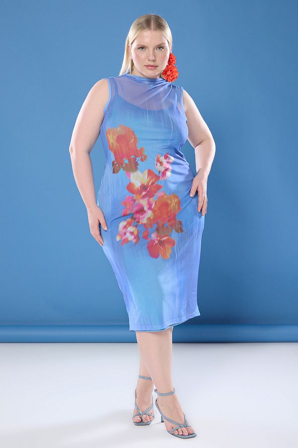 Trendyol Curve-Blue Floral Printed Knitted Tulle Plus Size Dress Tbbss25Ah00117 1