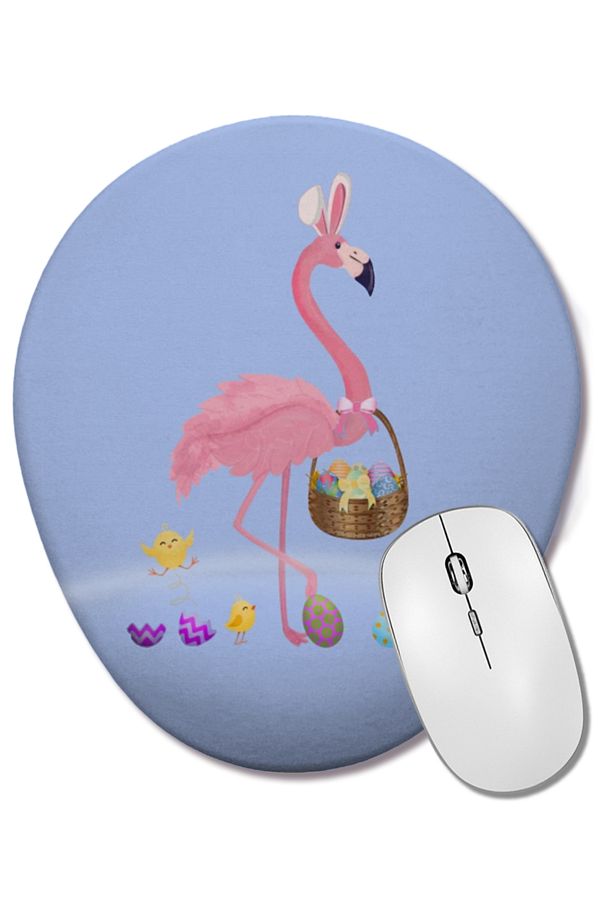 BASKI DÜNYASI-Pretty Easter Flamingo with Easter Basket Oval Mouse Pad with Wrist Support 1