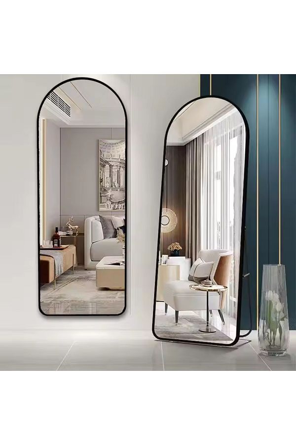Generic-مرآة كاملة الطول بتصميم عصري مستطيلة مع انحناء دائري واطار معدني باللون الأسود مقاس 176x77سم 1