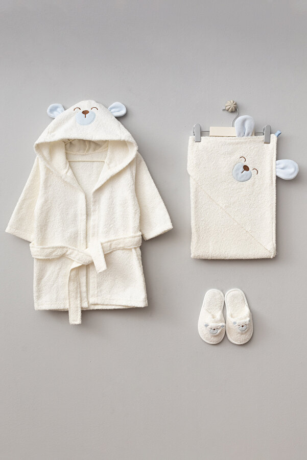 Bebitof Sevimli Köpek Figürlü Pamuk Bebek Bornoz Seti 0-2 Yaş Kutulu