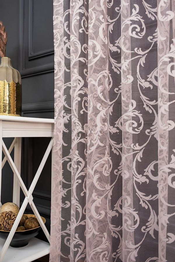 farbateks-Classic Shawl Pattern Powder Pink Color Pattern Design 2 Layers Pleated Tulle Curtain 1