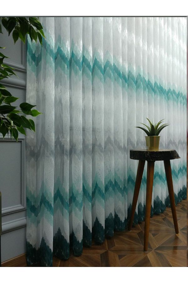 farbateks-Harmony Zigzag Pattern Turquoise Light Dark Green Petro Colored Design 1/2 Layer Pleated Tulle Curtain 1