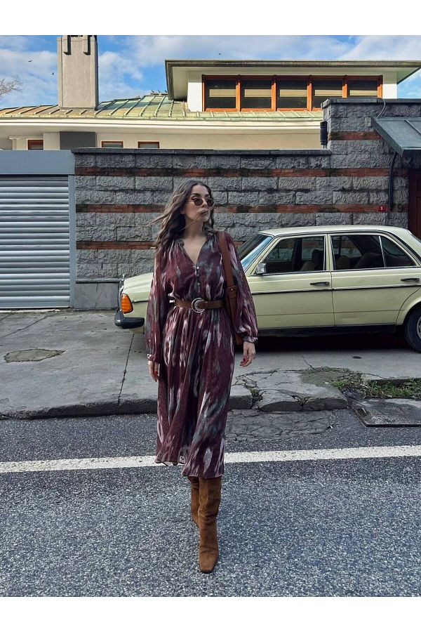 Bak'ap-Chiffon Lining Print Long Chiffon Dress with Belt 1