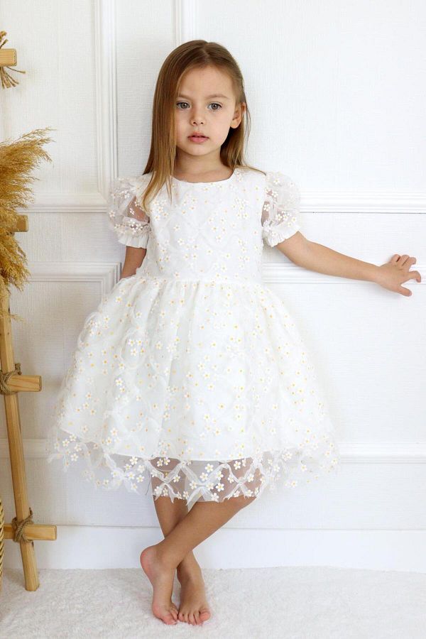 Le Mabelle-Rochie albă pentru fetiță Daisy Tulle cu mânecă scurtă - Hillary 1