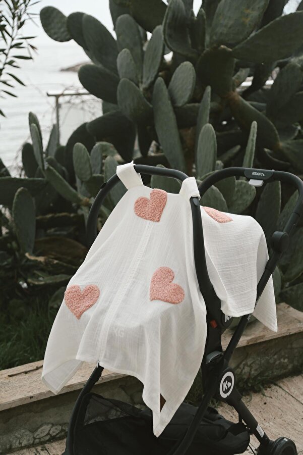 DERY BABY Teddy Pudra Kalp Fermuarlı 2 Kat Müslin Puset Örtüsü