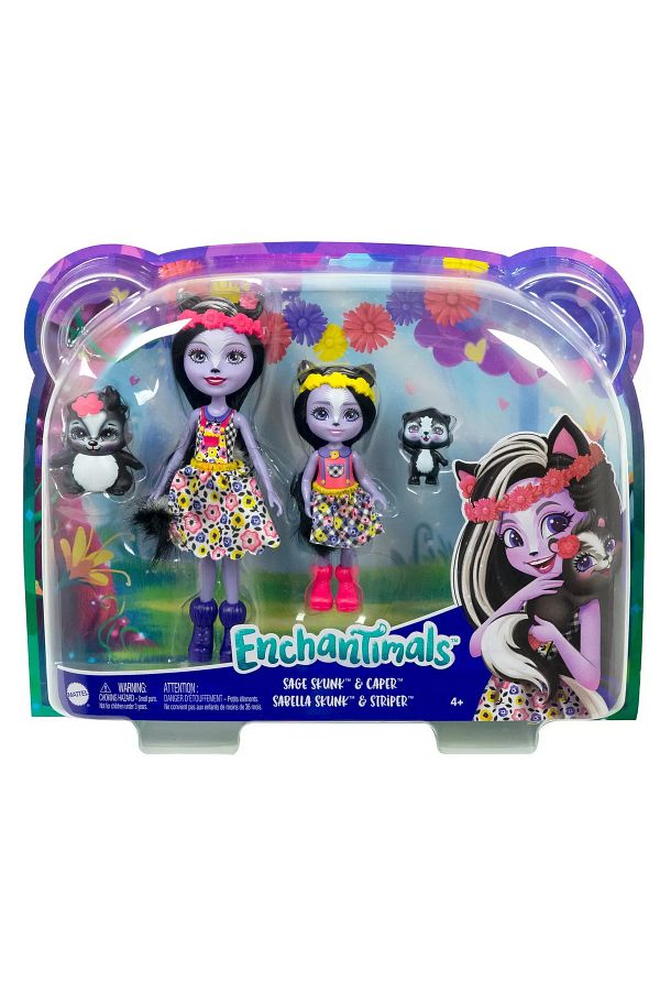 mattel-Enchantimals Sisters and Pets Doll Set Sage Skunk and Caper and Sabella Skunk and Striper 1