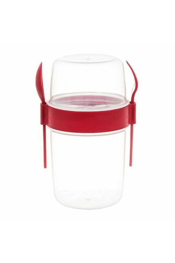 Micostore-Yogurt Cup With Cereal Container, Fork And Spoon, 600 Ml, Transparent Casserole, Red 1