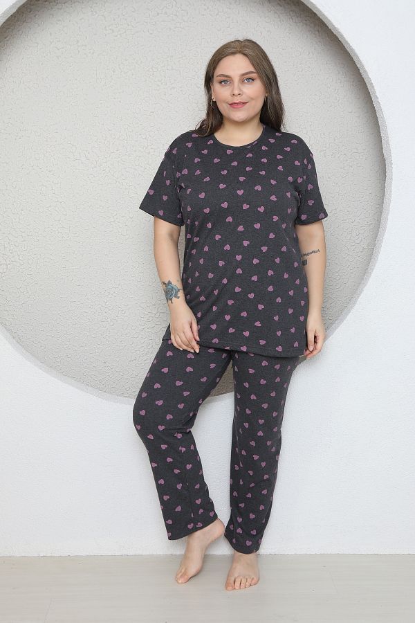 FAMES PİJAMA-Plus Size Pink Small Heart Patterned Pajama Set 1